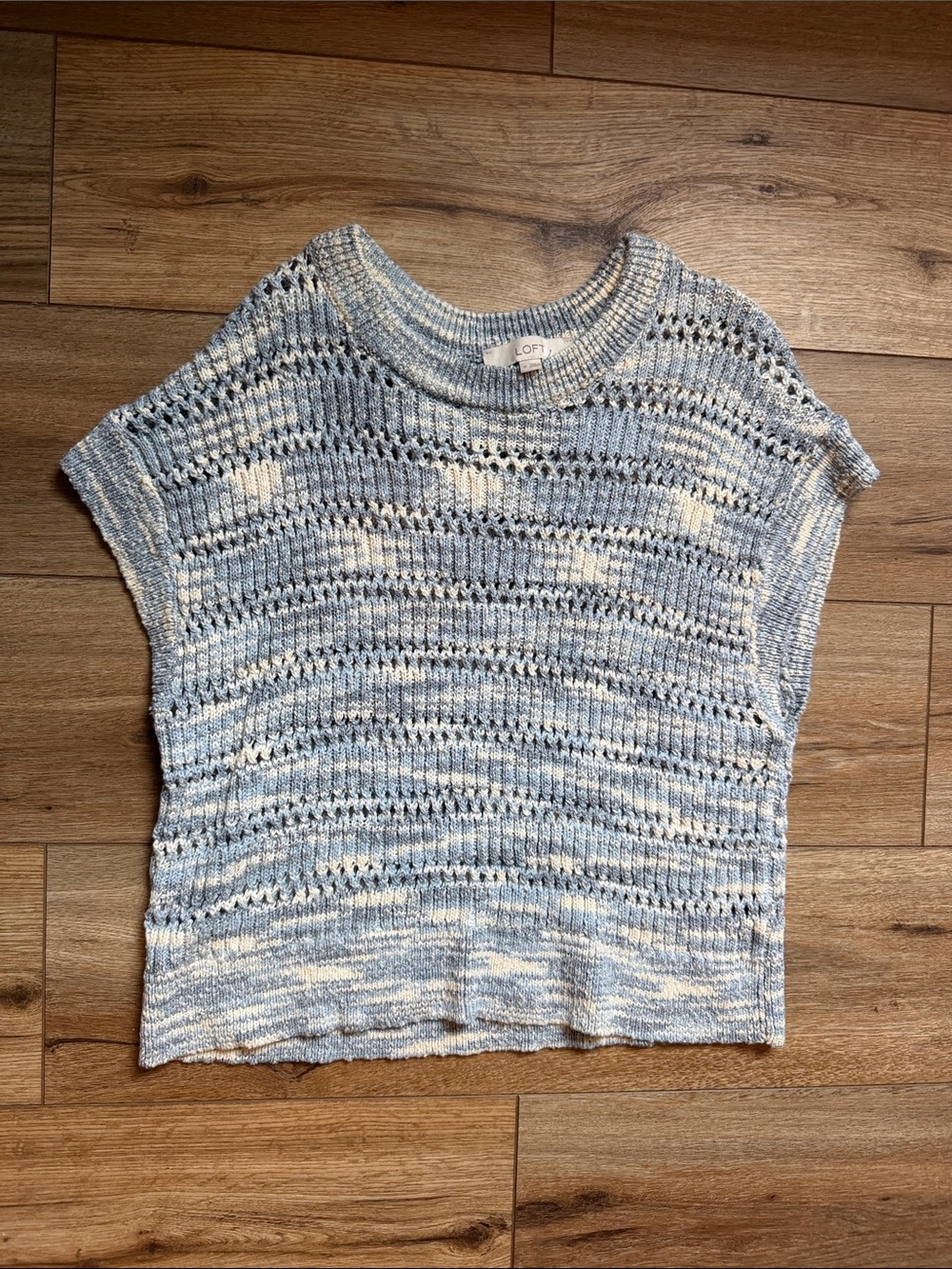 LOFT Blue & Cream Open-Knit Short Sleeve Sweater